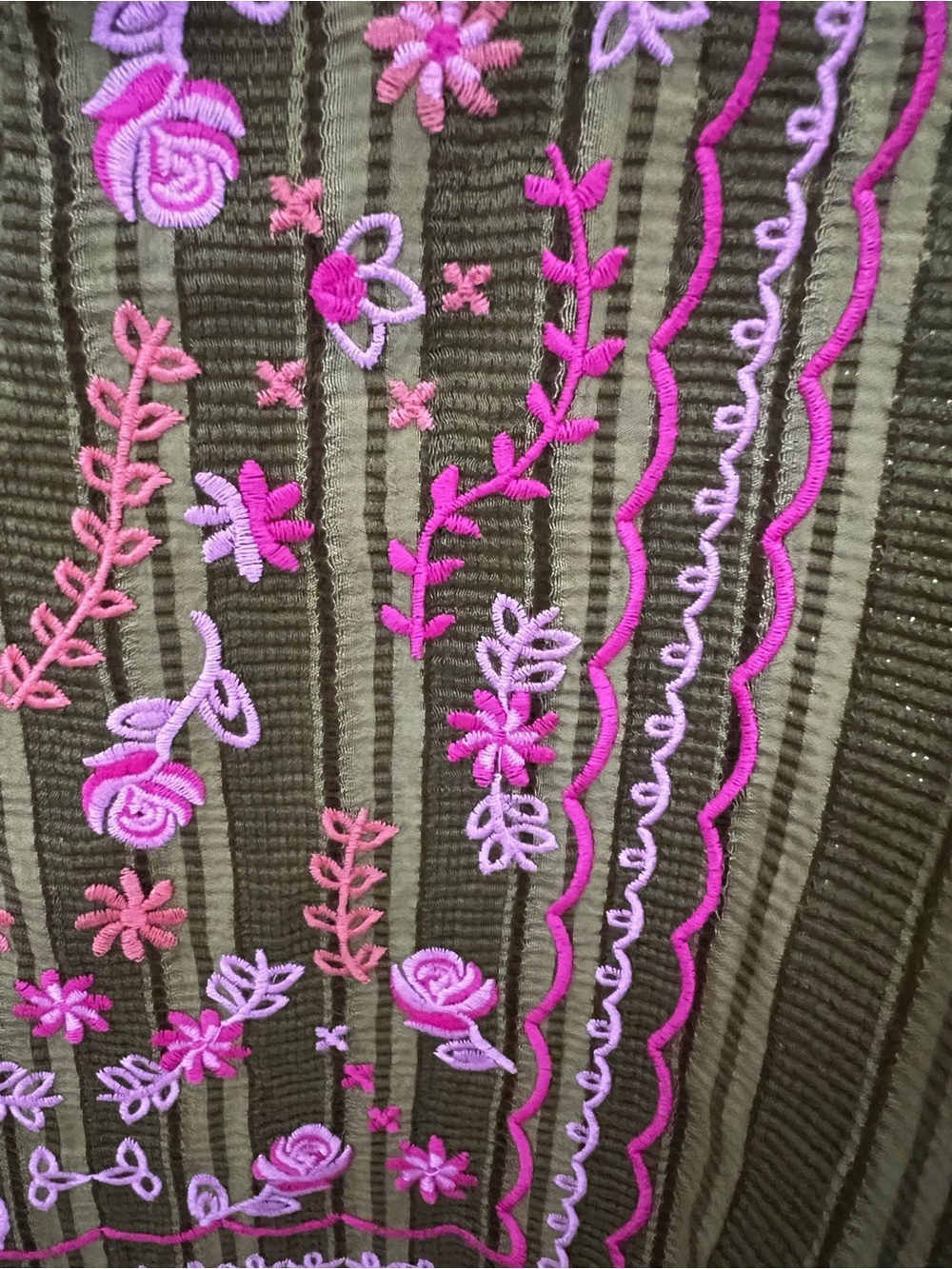 NWOT! THML Olive Embroidered Puff Sleeve Blouse | Pink Floral Embroidery - Picture 7 of 8
